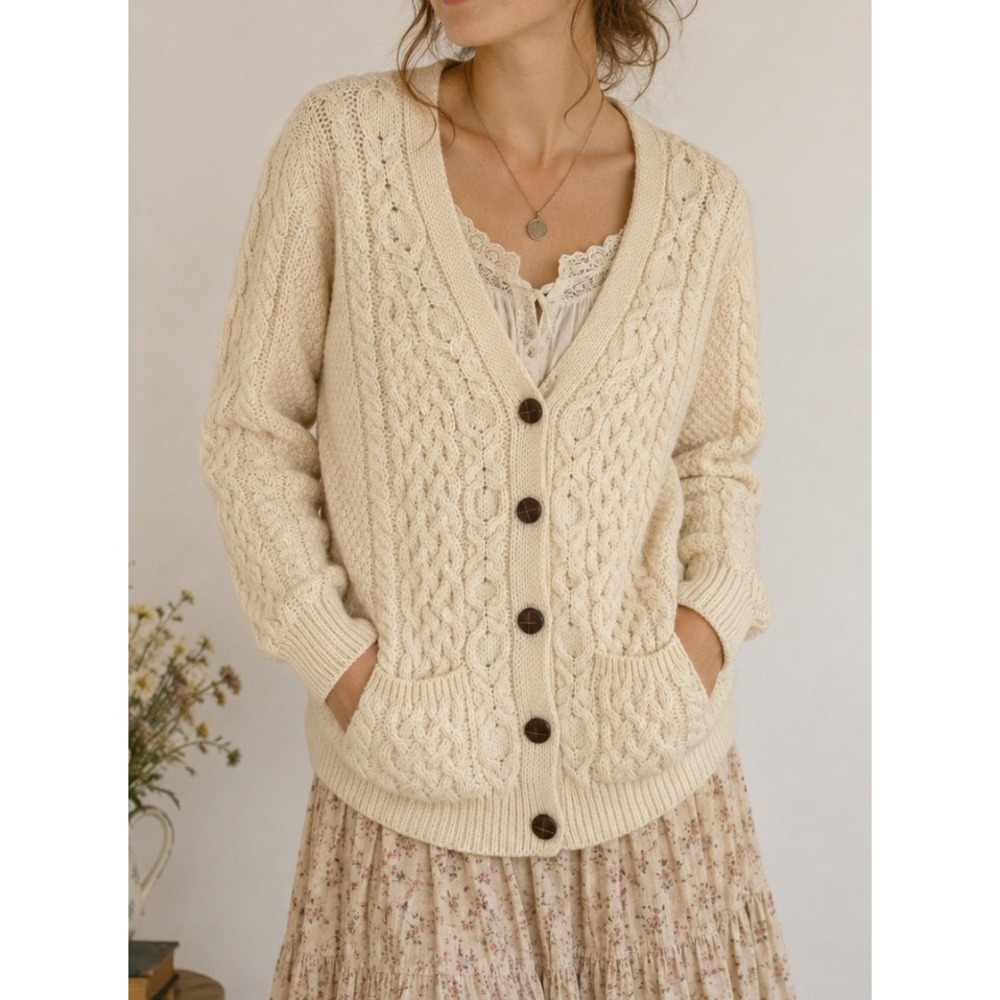 Aran Crafts Ireland Womens Merino Wool Cable Knit Cardigan Sweater Cream Size M